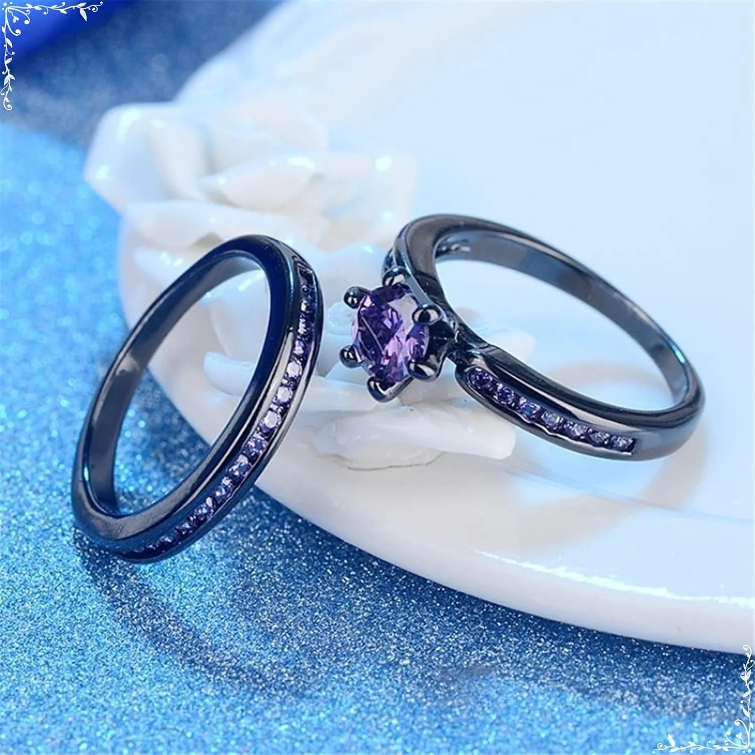 Mens Couple Rings, Six Claws with Purple CZ Black Rings Size 5-13, Matching Engagement Rings for Sister