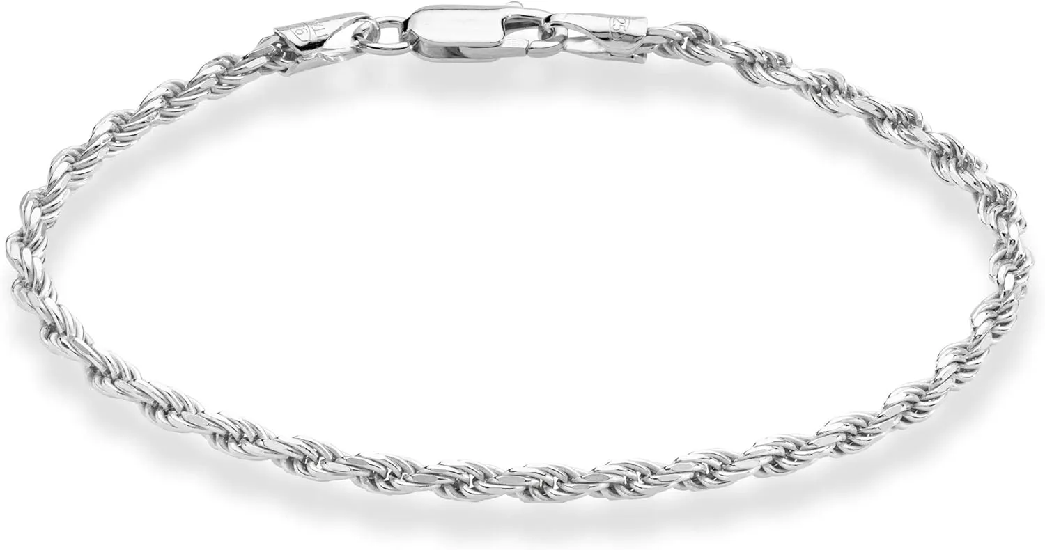 Miabella 925 Sterling Silver Italian 2mm, 3mm Diamond-Cut Braided Rope Chain Anklet Ankle Bracelet for Women, Made in Italy