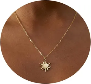 MIDEEO 14K Gold Leaf Pendant Necklaces for Women Dainty Sun Coin Choker Medallion Moon Star Necklace Minimalist Jewelry