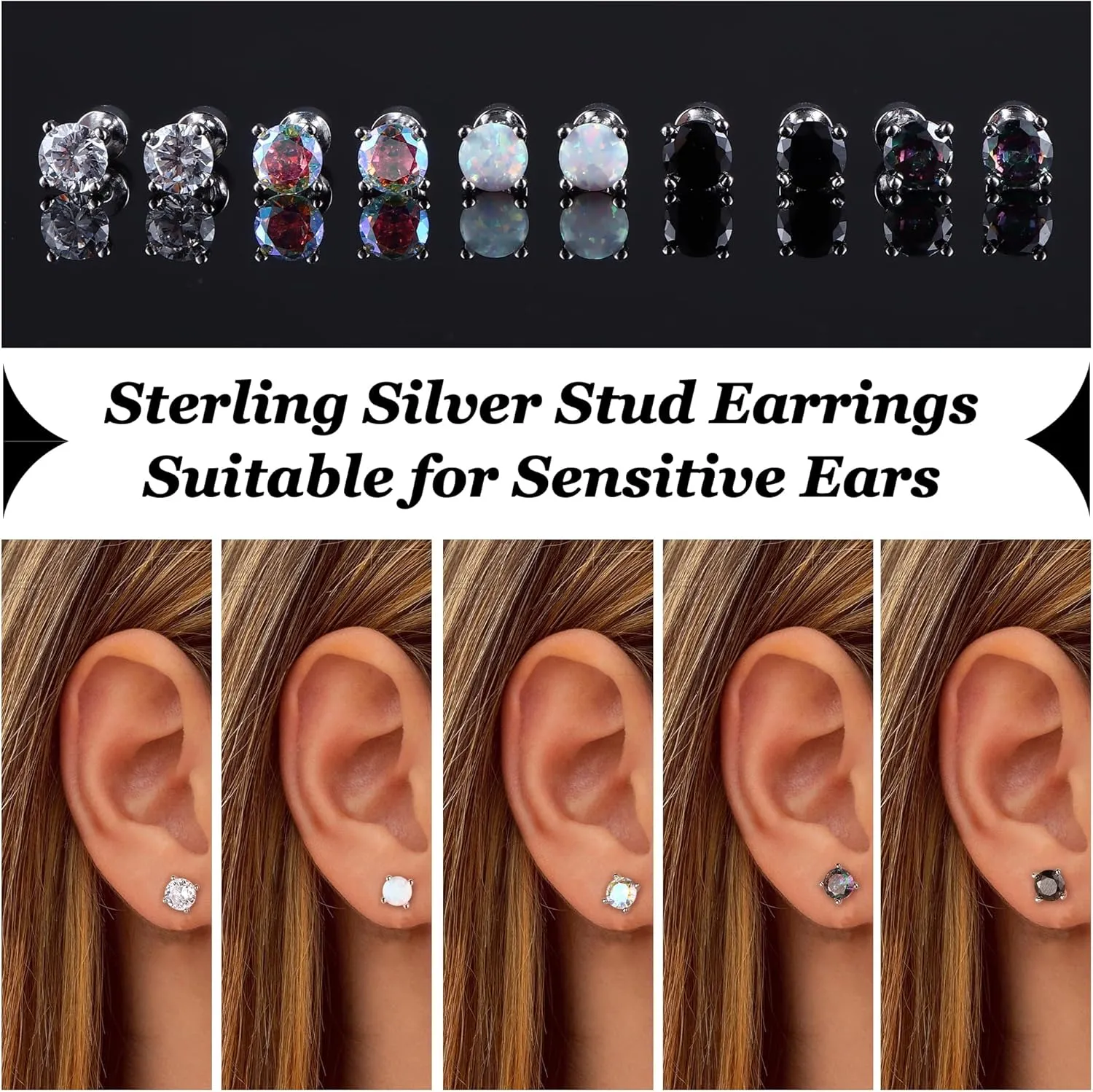 MILACOLATO 5 Pairs 925 Sterling Silver Stud Earrings for Women 20G Flat Back Earrings Helix Cartilage Earrings Cubic Zirconia Opal Earrings Comfort Back Sleep Post Earrings Hypoallergenic