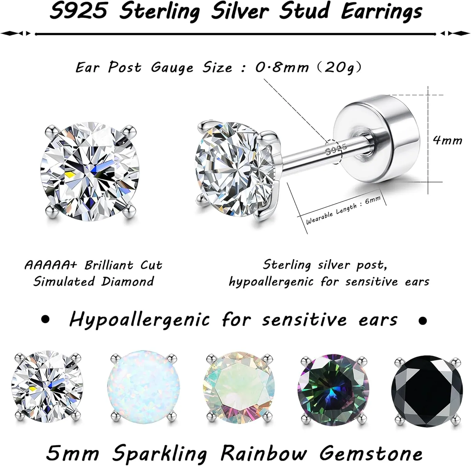 MILACOLATO 5 Pairs 925 Sterling Silver Stud Earrings for Women 20G Flat Back Earrings Helix Cartilage Earrings Cubic Zirconia Opal Earrings Comfort Back Sleep Post Earrings Hypoallergenic