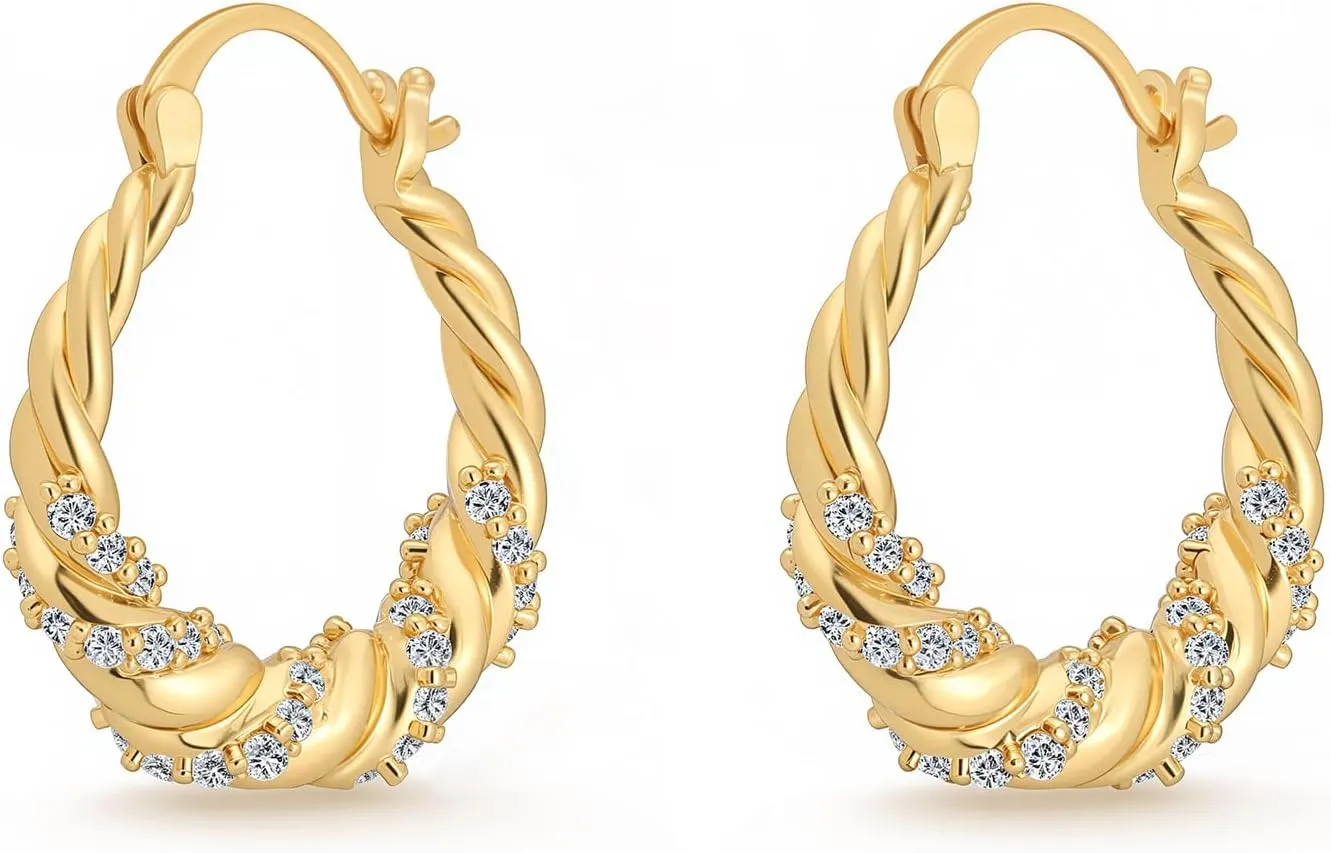 Milan Chiva 14K Gold Hoop Earrings for Women, Plated Chunky Earrings Glitter Sparkle Huggie Dainty Hypoallergenic Hoop Earrings for Womens Jewelry