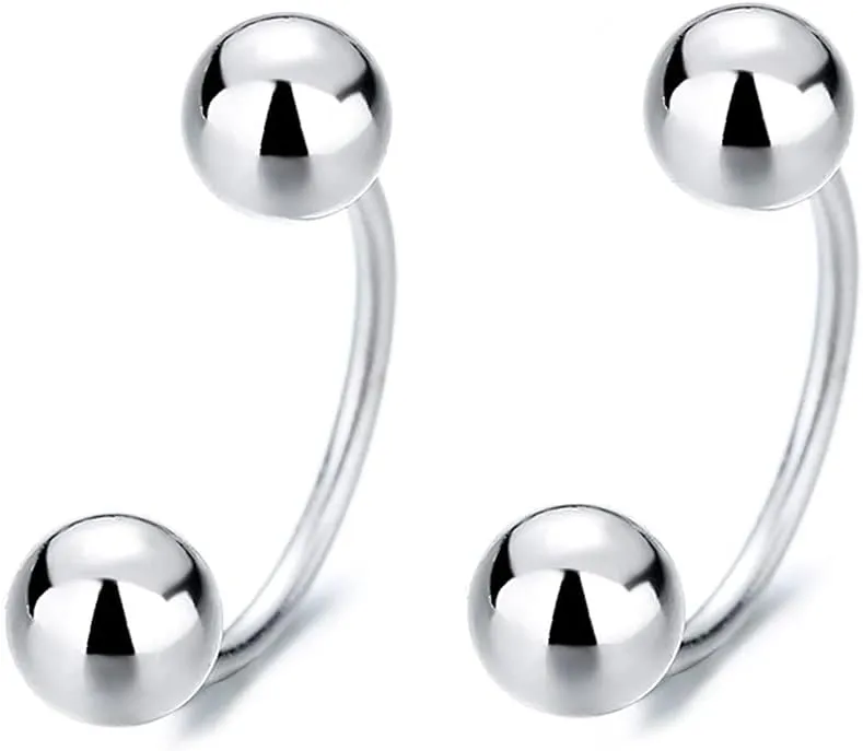 Minimalist Ball Half Hoop Earrings Sterling Silver 925 18G Double Bead Balls Ear Cuff Wrap Helix Cartilage Earring Studs Piercing Screw Back Barbell Bar Fashion Jewelry Gifts for Women Girls Sensitive Ears