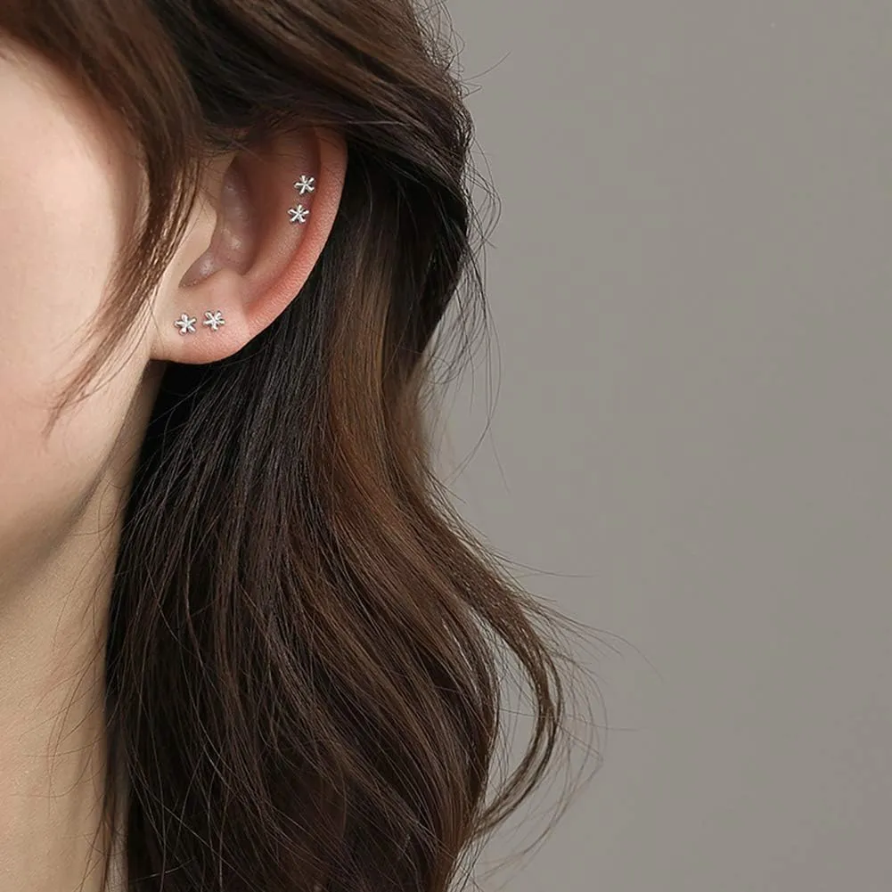 Minimalist Flower Earrings 925 Sterling Silver Tiny Stud Earrings for Women Dainty Earrings for Women Hypoallergenic Earrings Sensitive Ears(2Pairs)