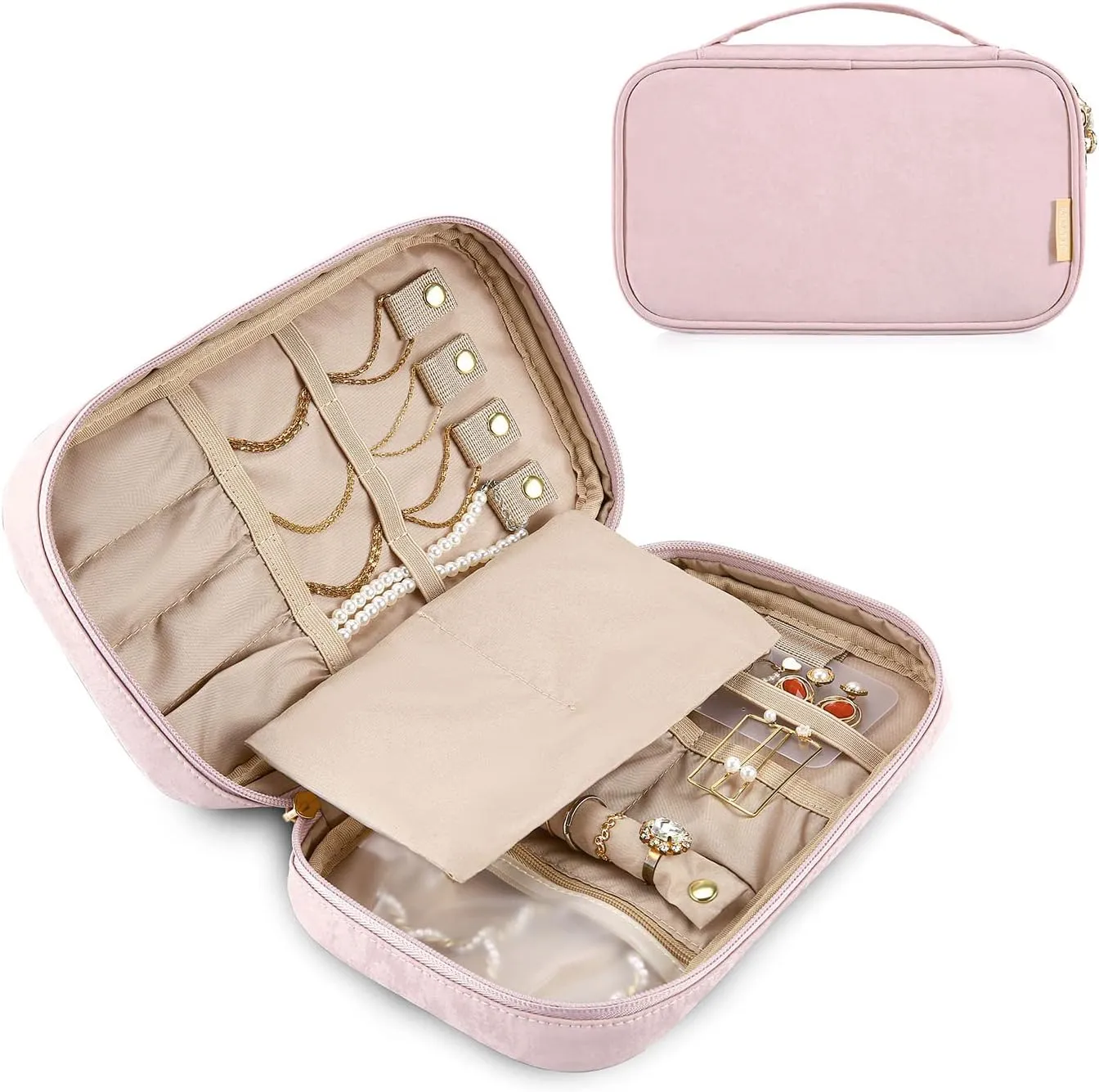 MIZATTO Travel Jewelry Organizer Case, Portable Jewelry Holder Organizer for Travelling Necklaces, Earrings, Rings and Bracelets, Pink