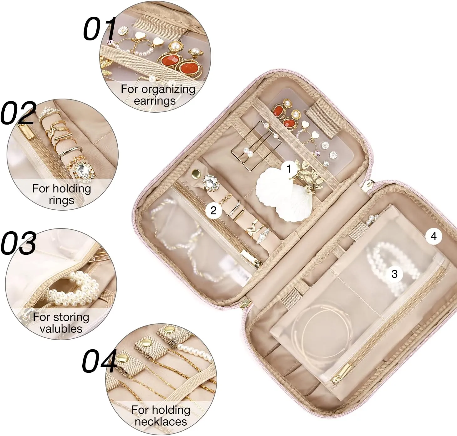 MIZATTO Travel Jewelry Organizer Case, Portable Jewelry Holder Organizer for Travelling Necklaces, Earrings, Rings and Bracelets, Pink