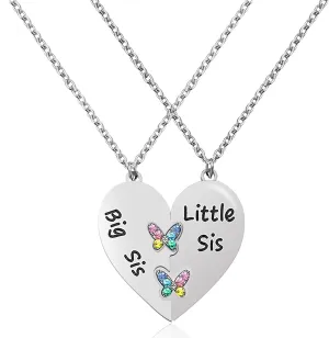 MJartoria Best Friend Necklaces BFF Necklace for 2 Friendship Valentines Gifts Matching Heart Pendant Necklace Best Friends Forever (Silver, Big Sis Little Sis Butterfly)