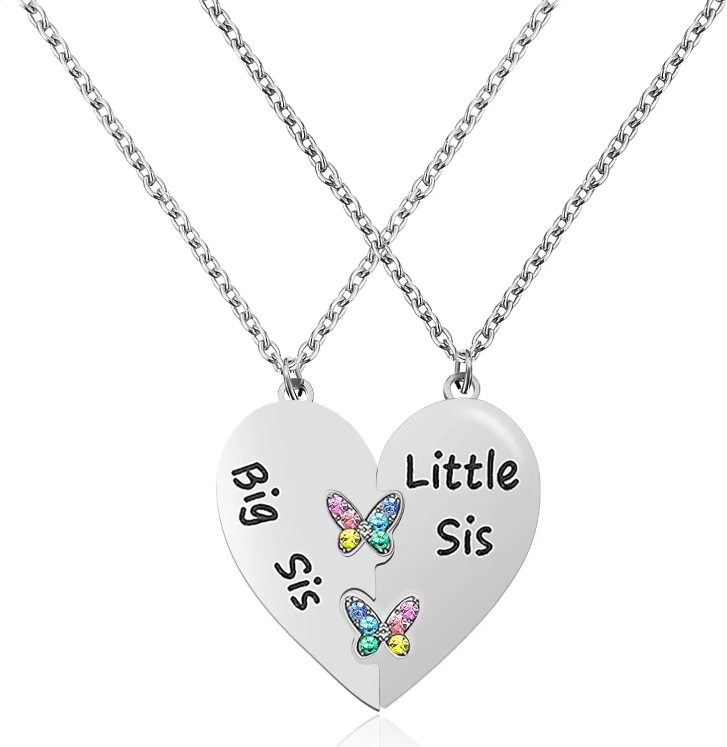 MJartoria Best Friend Necklaces BFF Necklace for 2 Friendship Valentines Gifts Matching Heart Pendant Necklace Best Friends Forever (Silver, Big Sis Little Sis Butterfly)