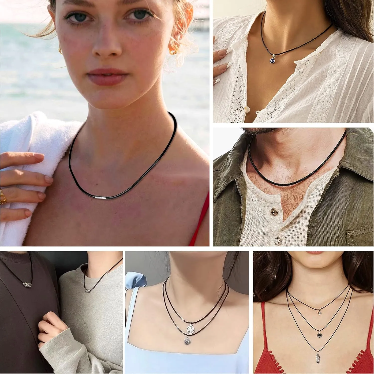 MJartoria Leather Necklace Cord for Men Women 1MM/2MM/3MM Waterproof Braided Leather Cord Chain Necklace Woven DIY Wax Rope Chain Necklace 16" 18" 20" 22" 24" Length