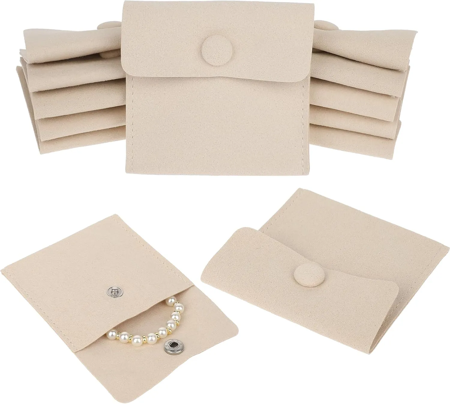 Molain Travel Jewelry Bags, 12Pcs Microfiber Jewelry Bags Mini Portable Jewelry Pouch Snap Button Pockets Storage Bag Organizer Case for Women Girl Gift(Beige)