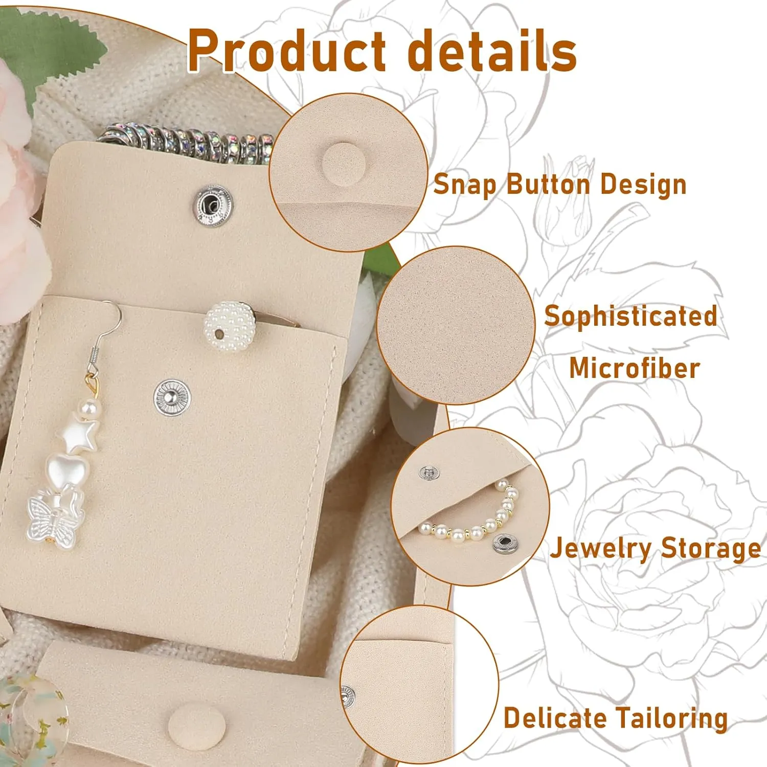 Molain Travel Jewelry Bags, 12Pcs Microfiber Jewelry Bags Mini Portable Jewelry Pouch Snap Button Pockets Storage Bag Organizer Case for Women Girl Gift(Beige)