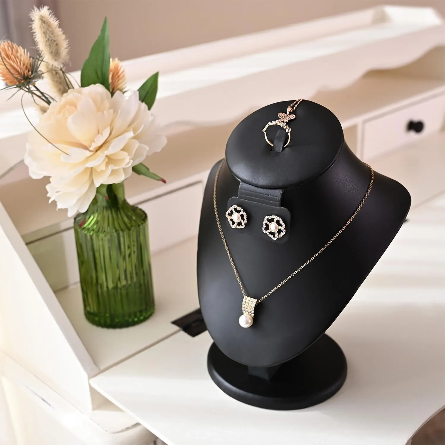 MOOCA 3 Pcs Set Black PU Faux Leather Combination Display Jewelry Stand Bust for Necklaces, Earrings, Rings, Jewelry Display For Vendors