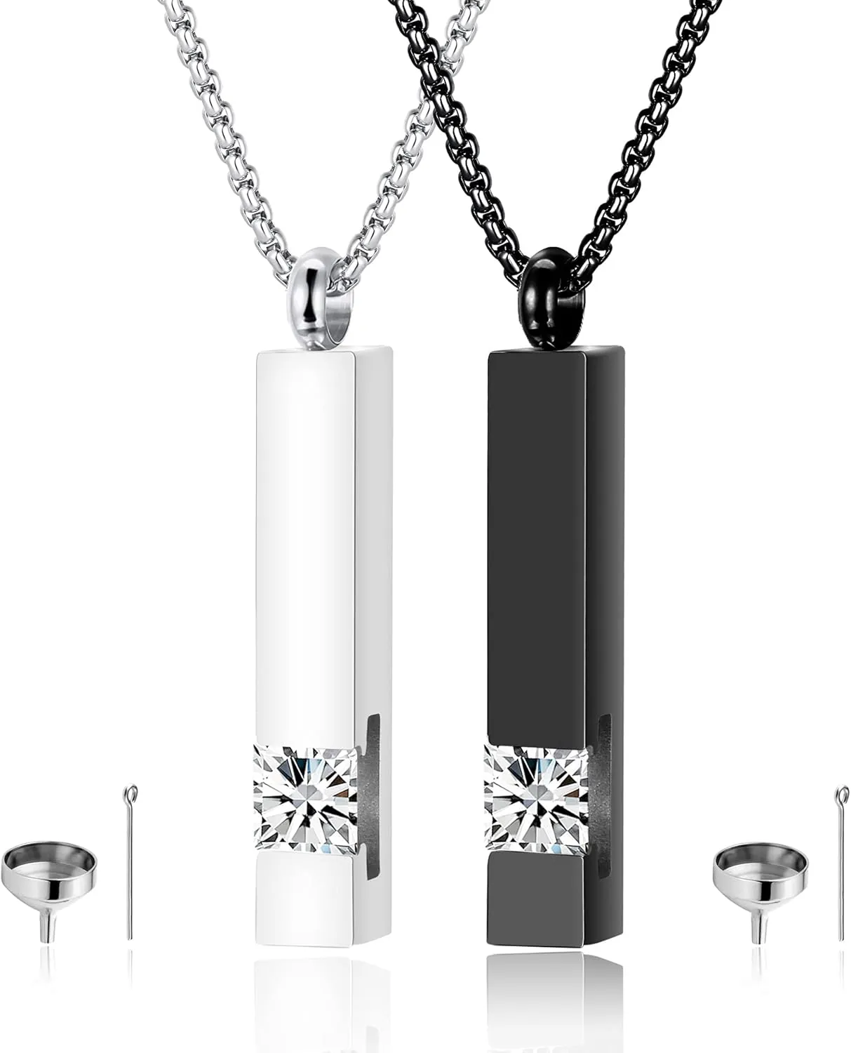 MOROTOLE 2 Pcs Urn Necklaces for Ashes Memorial Cremation Urn Necklace Stainless Steel Black Silver Tone Bar Pendant Necklace Ashes Keepsake Jewelry with Cubic Zirconia