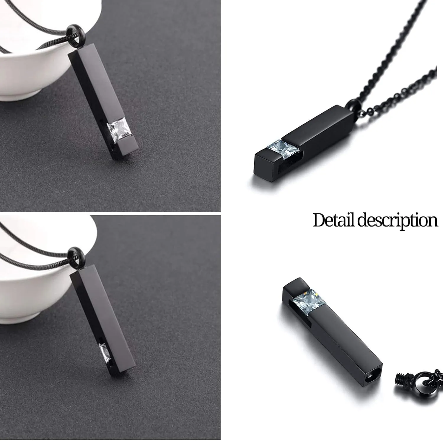 MOROTOLE 2 Pcs Urn Necklaces for Ashes Memorial Cremation Urn Necklace Stainless Steel Black Silver Tone Bar Pendant Necklace Ashes Keepsake Jewelry with Cubic Zirconia
