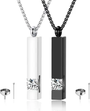 MOROTOLE 2 Pcs Urn Necklaces for Ashes Memorial Cremation Urn Necklace Stainless Steel Black Silver Tone Bar Pendant Necklace Ashes Keepsake Jewelry with Cubic Zirconia
