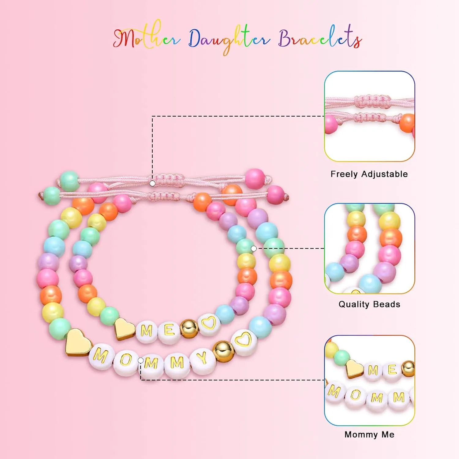 Mother Daughter Bead Bracelet Set for 2, Mommy and Me Matching Bead Bracelet, Mama and Mini Matching Heart Bracelets for Mom Daughter Valentines Mother's Day Gift
