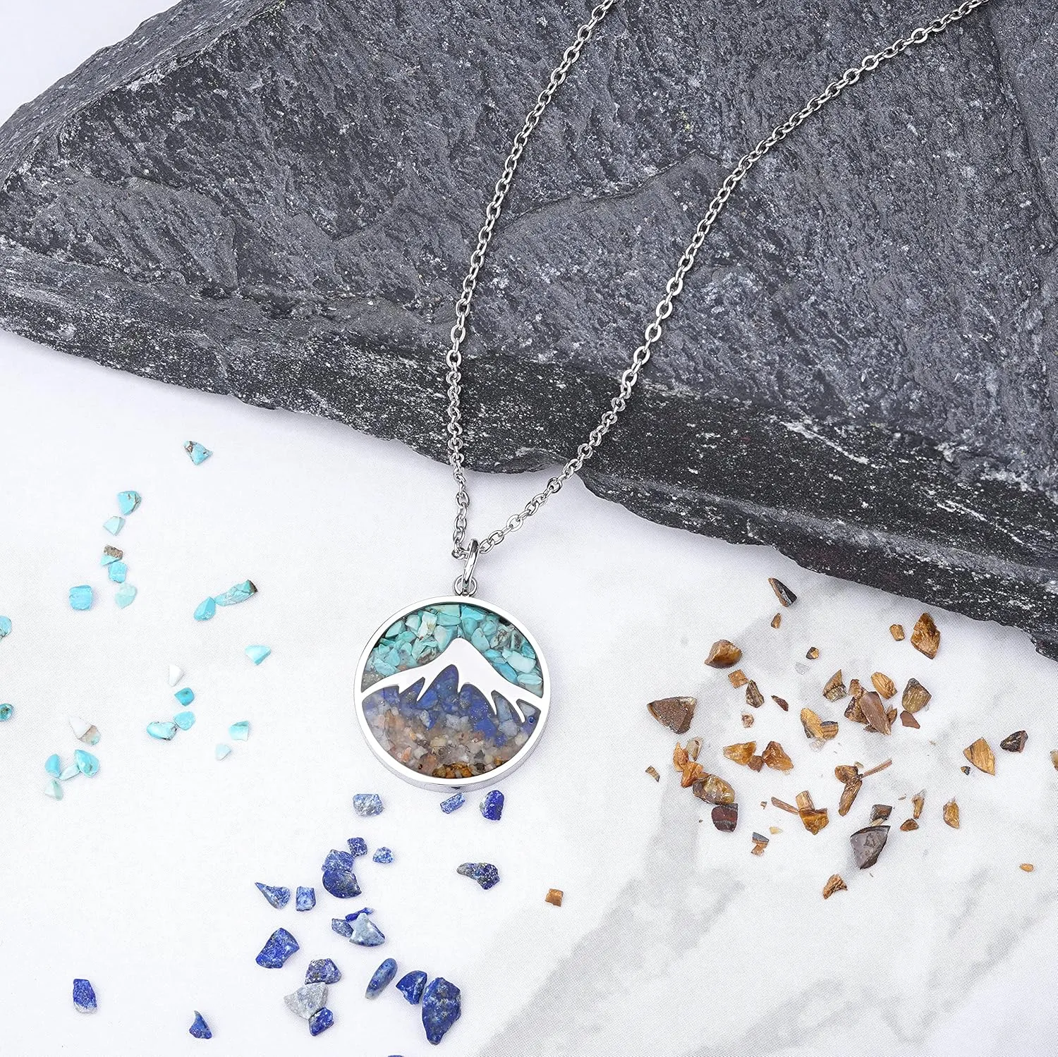 Mountain Necklace for Women, Stainless Steel Pendant Necklace in Turquoise Sodalite Stone Chips, Dainty Nature Necklaces Jewelry for Skiers, Hikers, Campers, Climbers and Nature Lovers