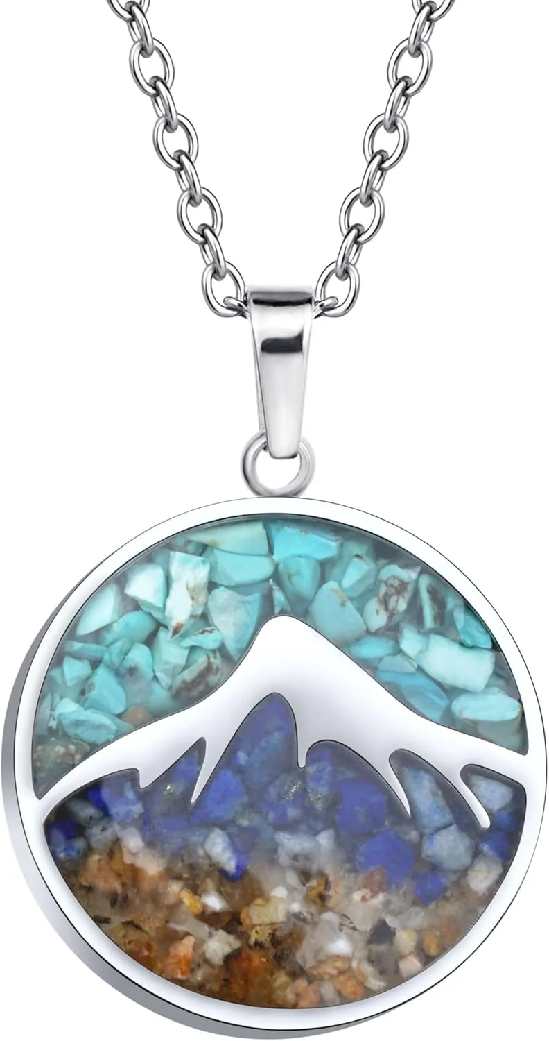 Mountain Necklace for Women, Stainless Steel Pendant Necklace in Turquoise Sodalite Stone Chips, Dainty Nature Necklaces Jewelry for Skiers, Hikers, Campers, Climbers and Nature Lovers