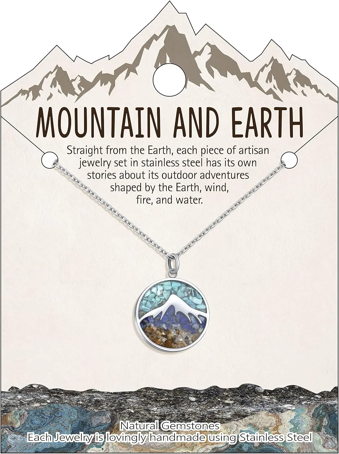 Mountain Necklace for Women, Stainless Steel Pendant Necklace in Turquoise Sodalite Stone Chips, Dainty Nature Necklaces Jewelry for Skiers, Hikers, Campers, Climbers and Nature Lovers
