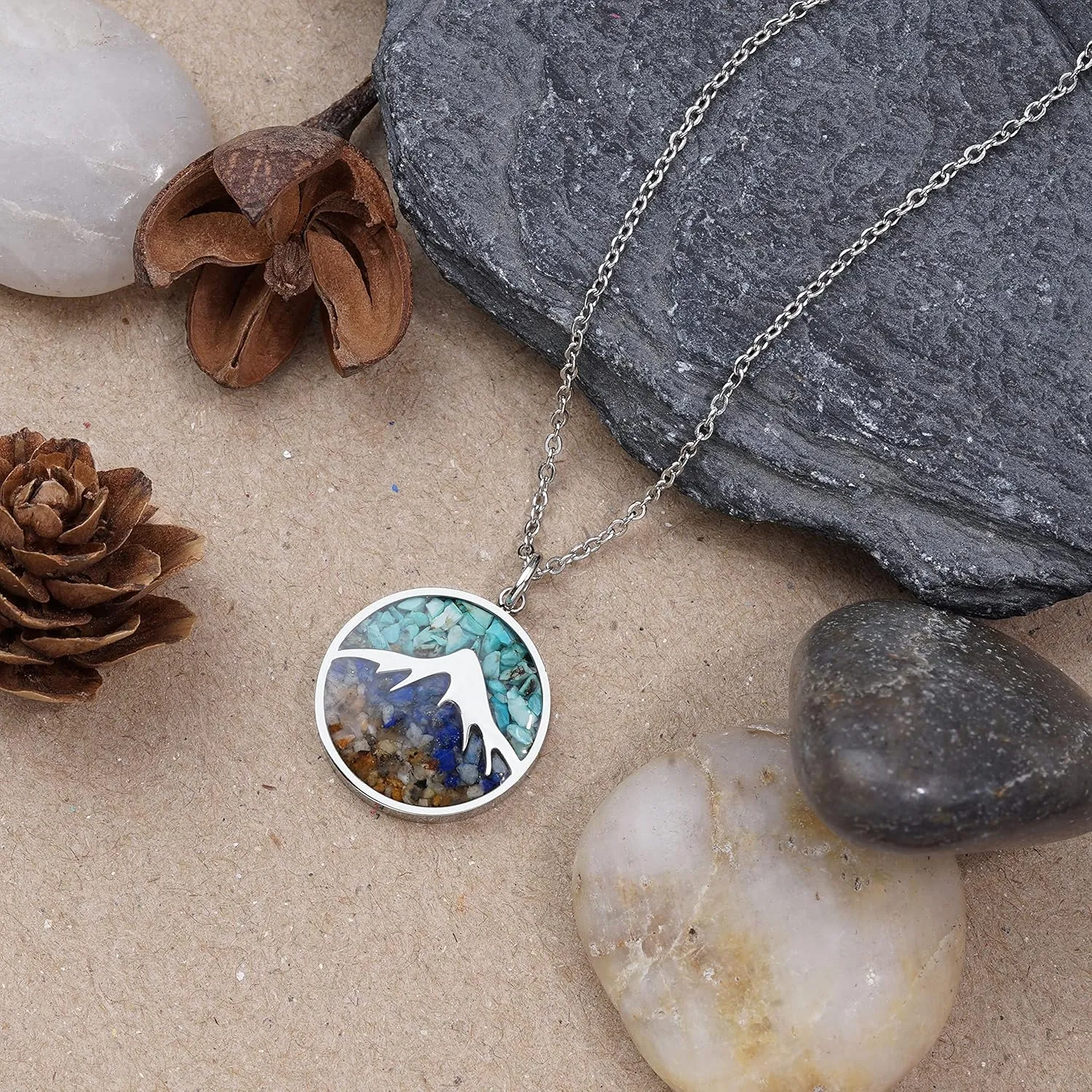 Mountain Necklace for Women, Stainless Steel Pendant Necklace in Turquoise Sodalite Stone Chips, Dainty Nature Necklaces Jewelry for Skiers, Hikers, Campers, Climbers and Nature Lovers