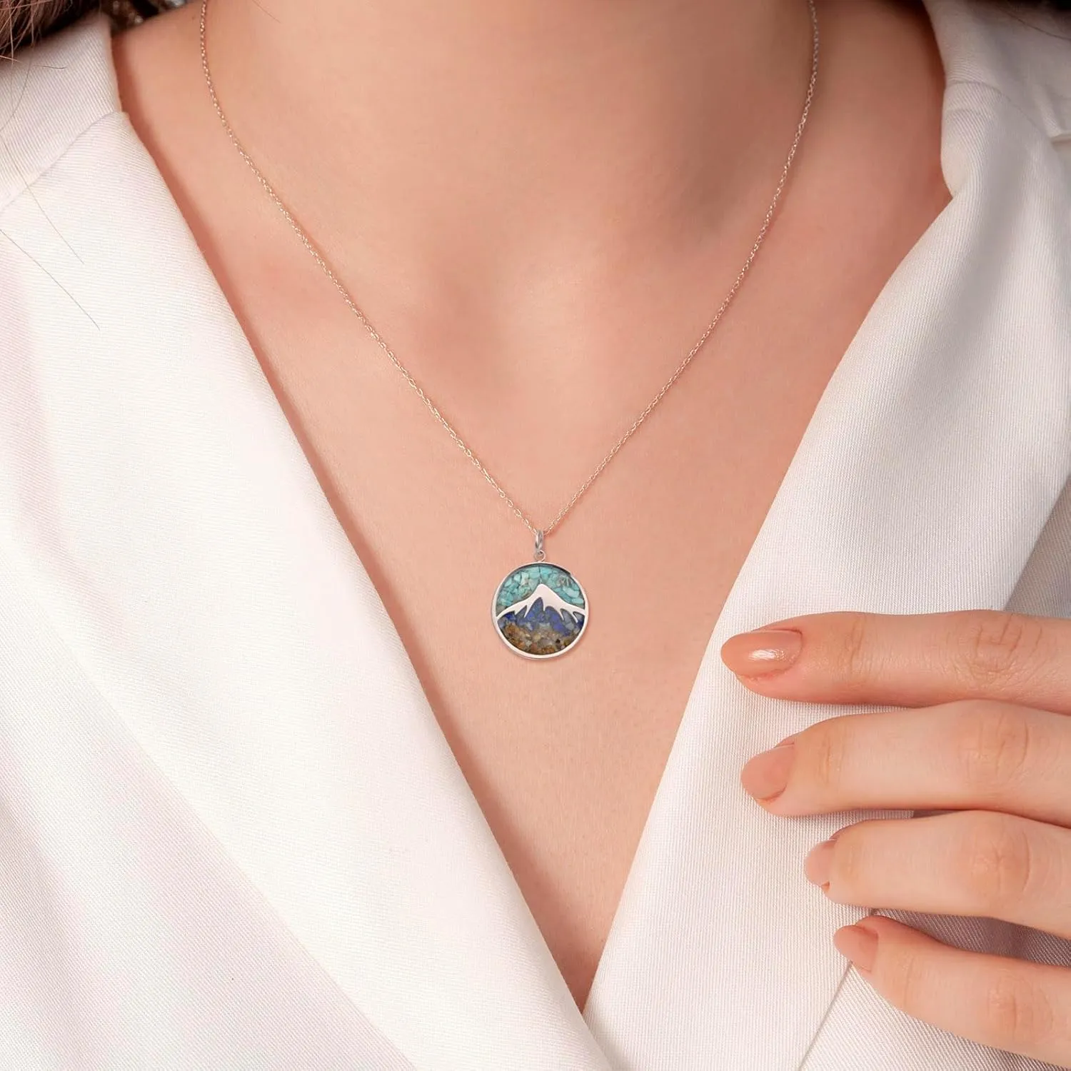 Mountain Necklace for Women, Stainless Steel Pendant Necklace in Turquoise Sodalite Stone Chips, Dainty Nature Necklaces Jewelry for Skiers, Hikers, Campers, Climbers and Nature Lovers
