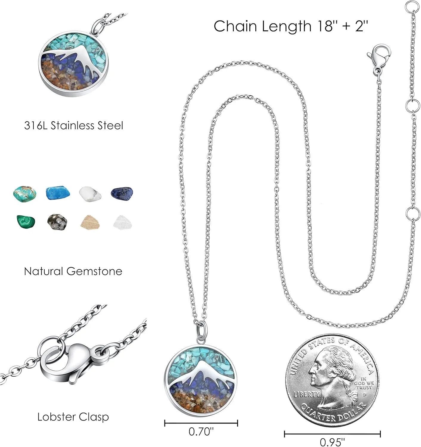 Mountain Necklace for Women, Stainless Steel Pendant Necklace in Turquoise Sodalite Stone Chips, Dainty Nature Necklaces Jewelry for Skiers, Hikers, Campers, Climbers and Nature Lovers