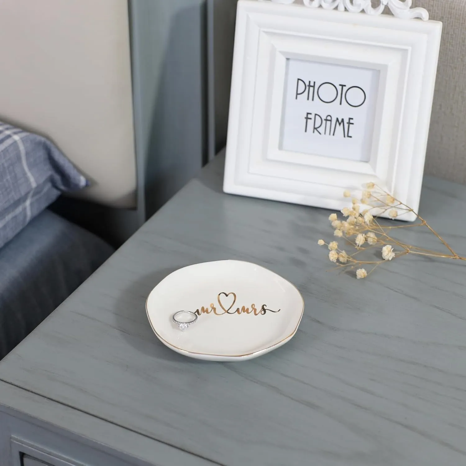 Mr.& Mrs Wedding Ring Dish-Jewelry Dish Tray-Ceramic White