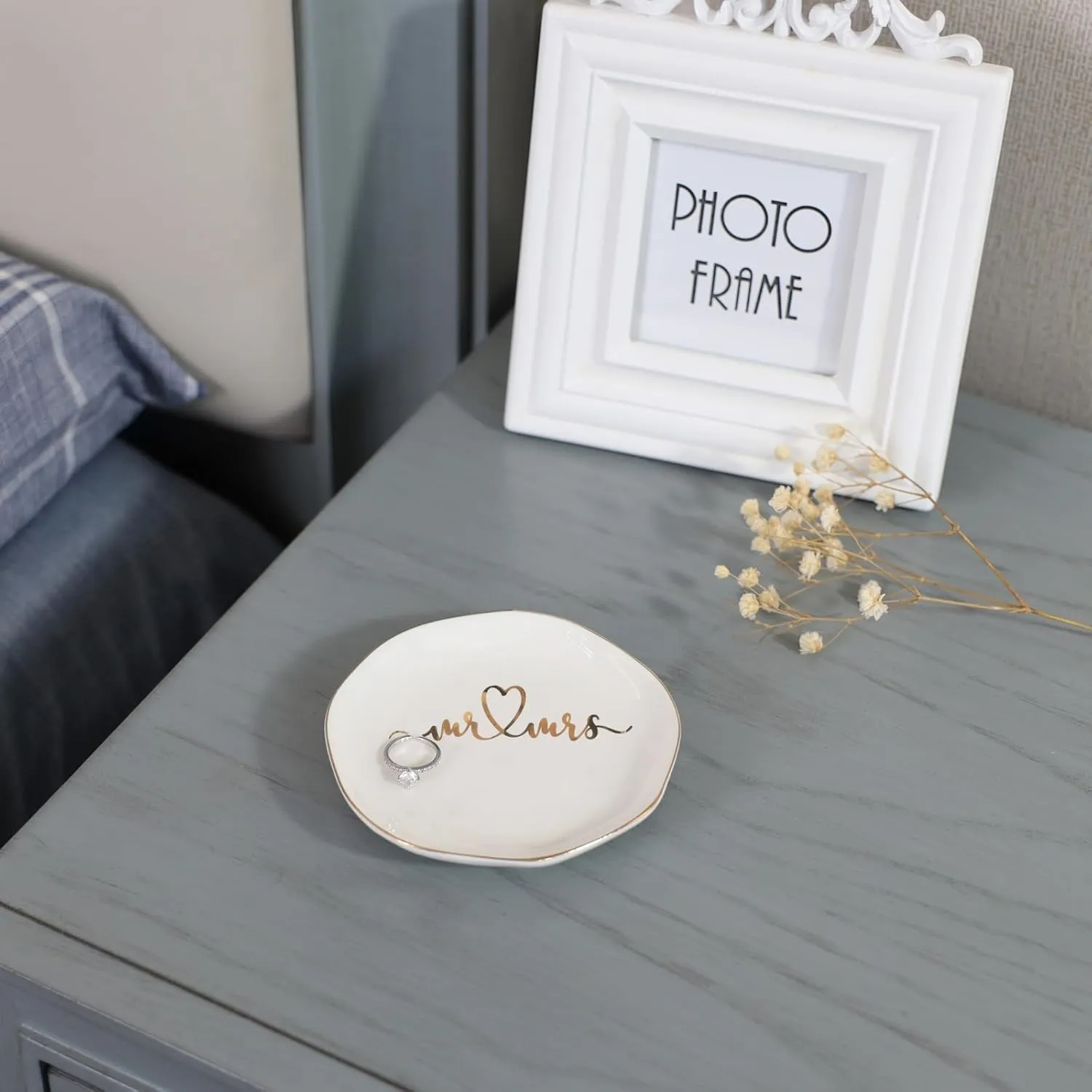 Mr.& Mrs Wedding Ring Dish-Jewelry Dish Tray-Ceramic White