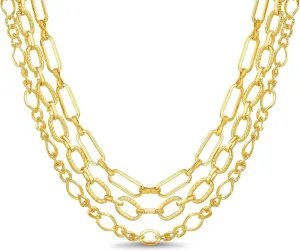 Nautica 14K Gold Plated Brass Necklace - Three Row Layered Statement Chain Necklace for Women, Gold Tone 3