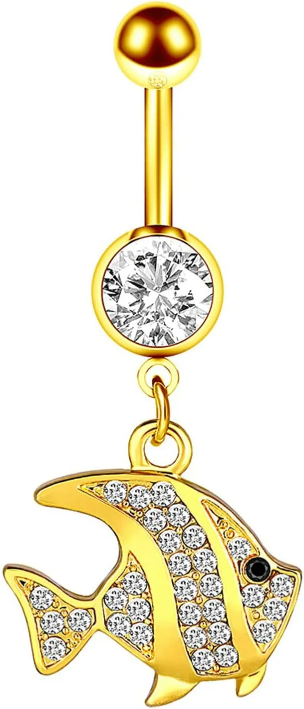 Navel Ring Surgical Stainless Steel, CZ Silver Navel Rings for Women Fish Gold Navel Rings