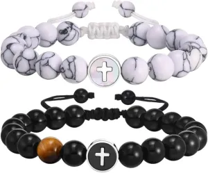 New 2025 Charm Natural Stone Bracelets For Men Women, Cross Black White Beaded Bracelets, Adjustable Prayer Couple Jewelry Findings Gift Fashion Trendy Accessories Creative