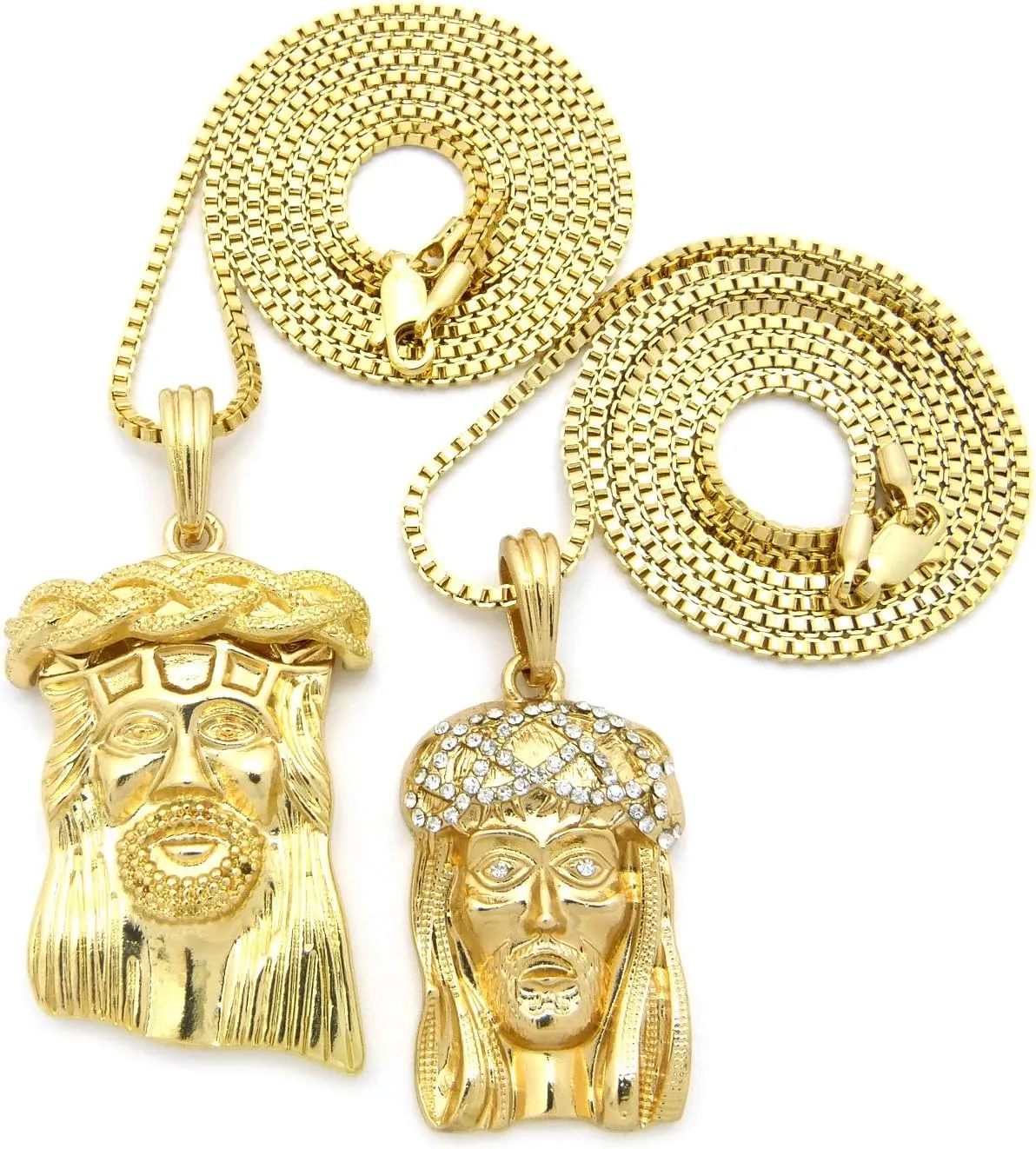 New Iced Out JESUS FACE Pendant &2mm/30" Box Chains Double Necklace Set RC453G