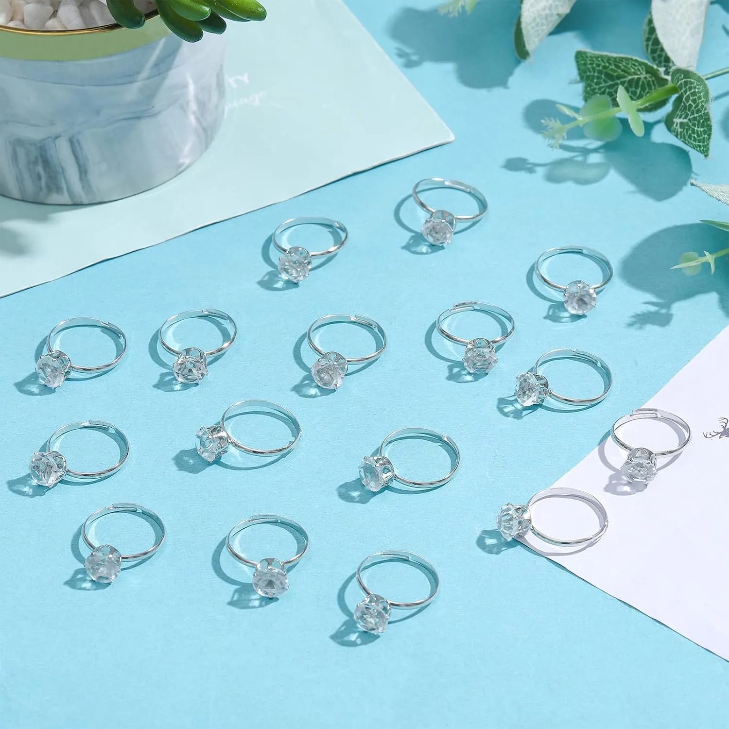 NEWITIN 50 Pieces Fake Rings Diamond Engagement Rings Silver Ring for Bridal Shower Party Game Wedding Table Decorations