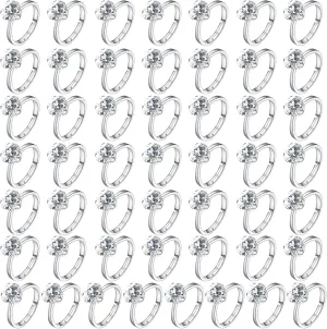 NEWITIN 50 Pieces Fake Rings Diamond Engagement Rings Silver Ring for Bridal Shower Party Game Wedding Table Decorations