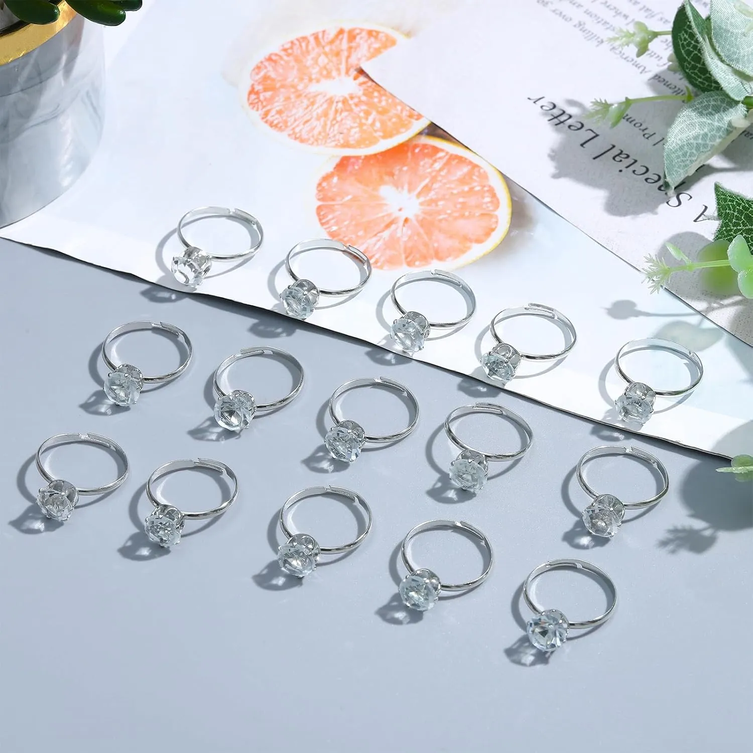 NEWITIN 50 Pieces Fake Rings Diamond Engagement Rings Silver Ring for Bridal Shower Party Game Wedding Table Decorations