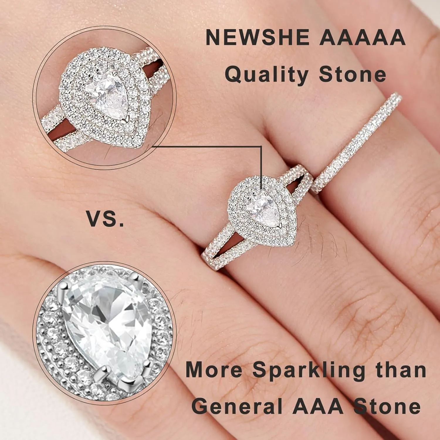 Newshe Jewellery Wedding Engagement Ring for Women Bridal Set AAAAA Cz 925 Sterling Silver 1.3Ct Pear White Size 4-13