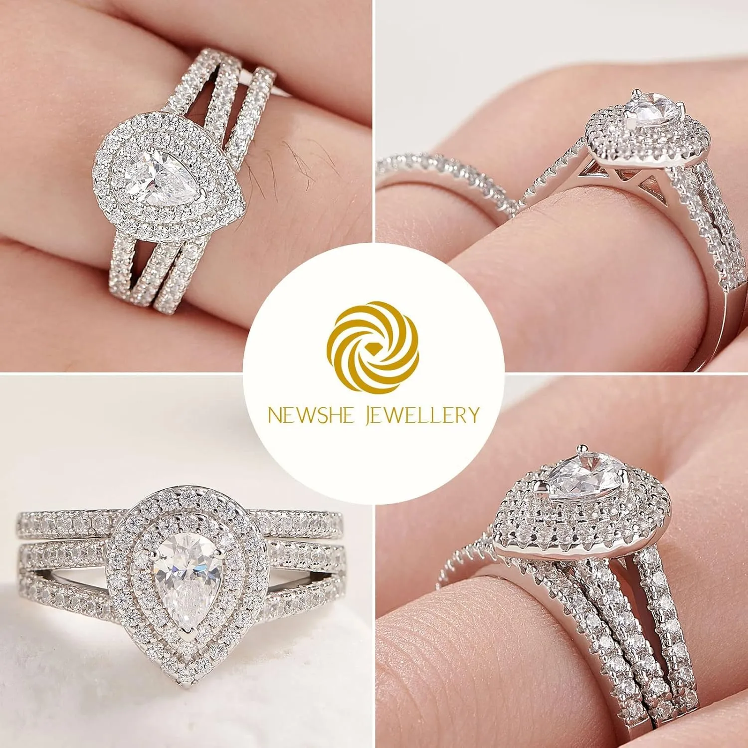 Newshe Jewellery Wedding Engagement Ring for Women Bridal Set AAAAA Cz 925 Sterling Silver 1.3Ct Pear White Size 4-13