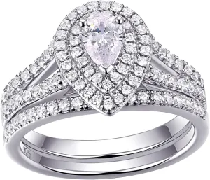 Newshe Jewellery Wedding Engagement Ring for Women Bridal Set AAAAA Cz 925 Sterling Silver 1.3Ct Pear White Size 4-13