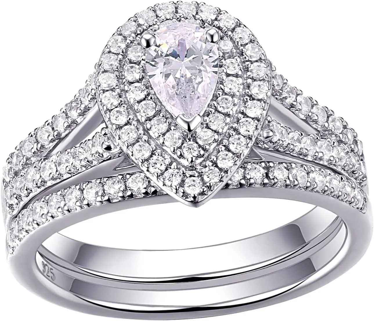 Newshe Jewellery Wedding Engagement Ring for Women Bridal Set AAAAA Cz 925 Sterling Silver 1.3Ct Pear White Size 4-13