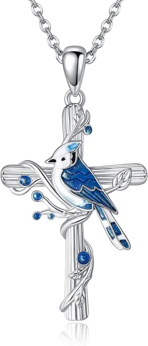 ONEFINITY Blue Jay Red Cardinal Necklace 925 Sterling Silver Bird Cross Pendant Necklaces Jewelry for Bird Lover Gifts