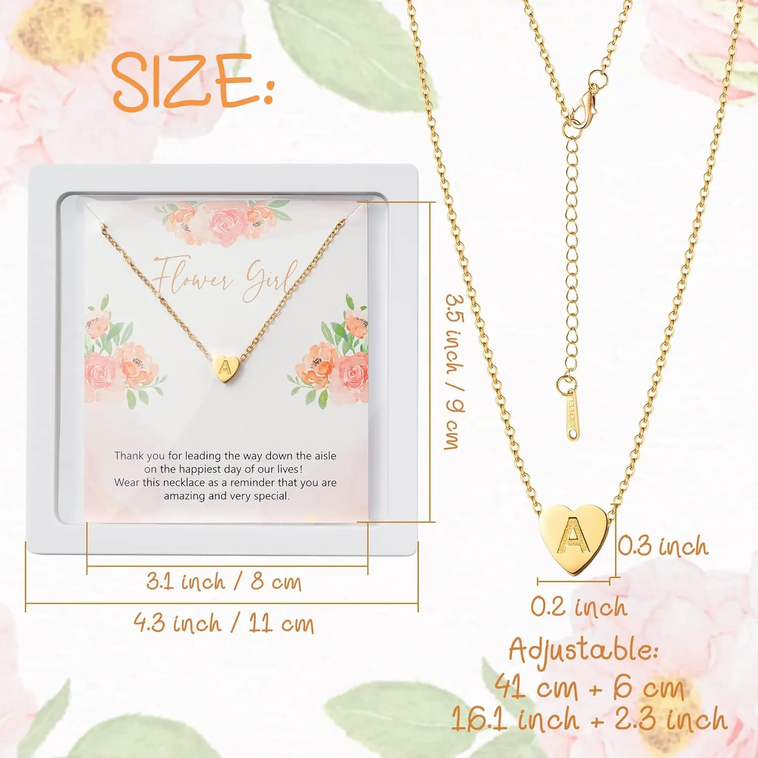 OSNIE Flower Girl A-Z Alphabet Pendant Necklace 14K Gold Plated Tiny Capital Letter Initial Heart Pendant Necklace Wedding Day Thank You for Being My Flower Girls Jewelry Gifts Proposal from Bride
