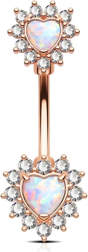 OUFER 14G Belly Button Rings, 316L Surgical Steel Belly Rings, Double Heart Cubic Zircon Filigree Opal Navel Rings Belly Piercing Jewelry for Women and Men