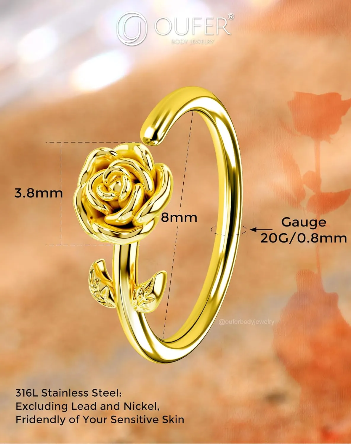 OUFER Nose Rings Flower Rose Seamless Open Nose Rings Hoops 20G, Stainless Steel Floral Nose Helix Daith Rook Tragus Piercing Jewelry for Women Men