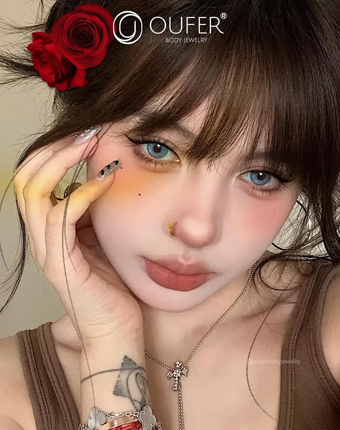 OUFER Nose Rings Flower Rose Seamless Open Nose Rings Hoops 20G, Stainless Steel Floral Nose Helix Daith Rook Tragus Piercing Jewelry for Women Men