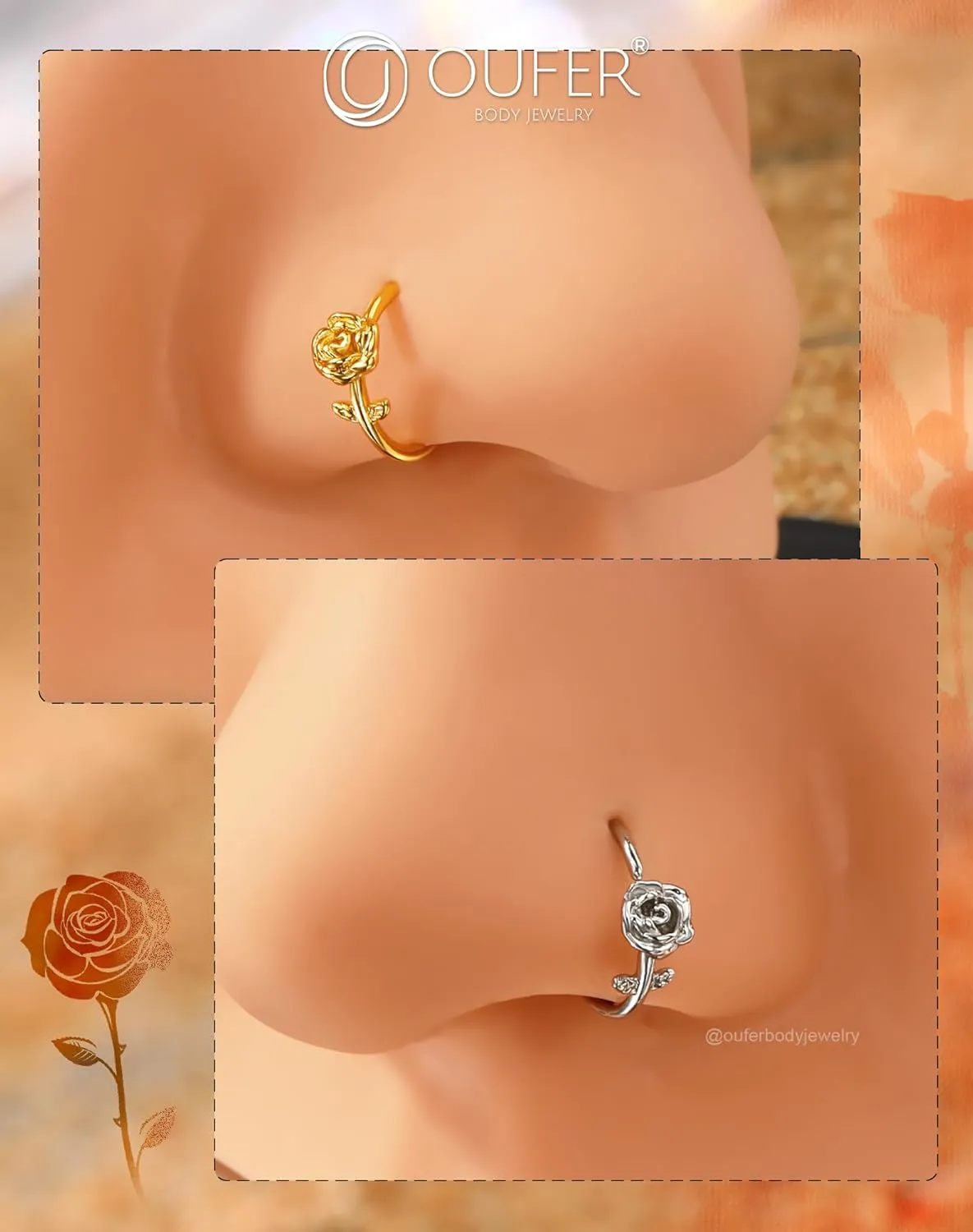 OUFER Nose Rings Flower Rose Seamless Open Nose Rings Hoops 20G, Stainless Steel Floral Nose Helix Daith Rook Tragus Piercing Jewelry for Women Men