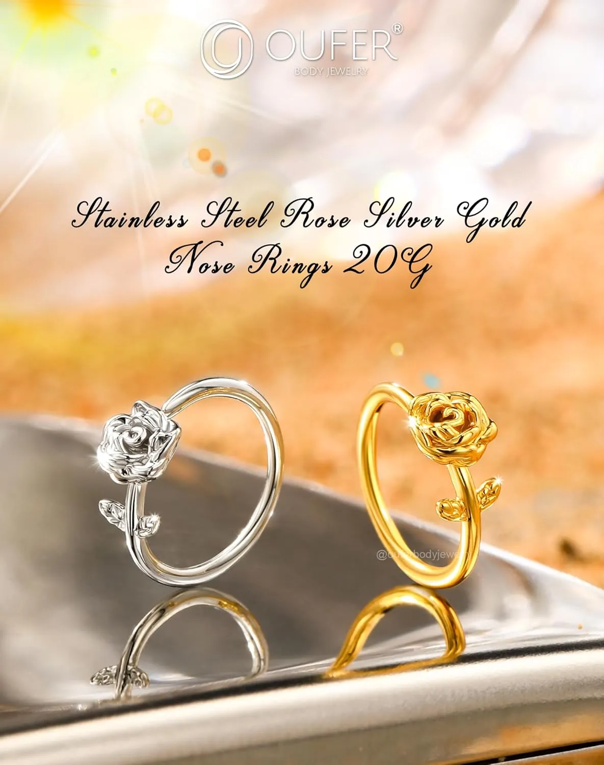 OUFER Nose Rings Flower Rose Seamless Open Nose Rings Hoops 20G, Stainless Steel Floral Nose Helix Daith Rook Tragus Piercing Jewelry for Women Men