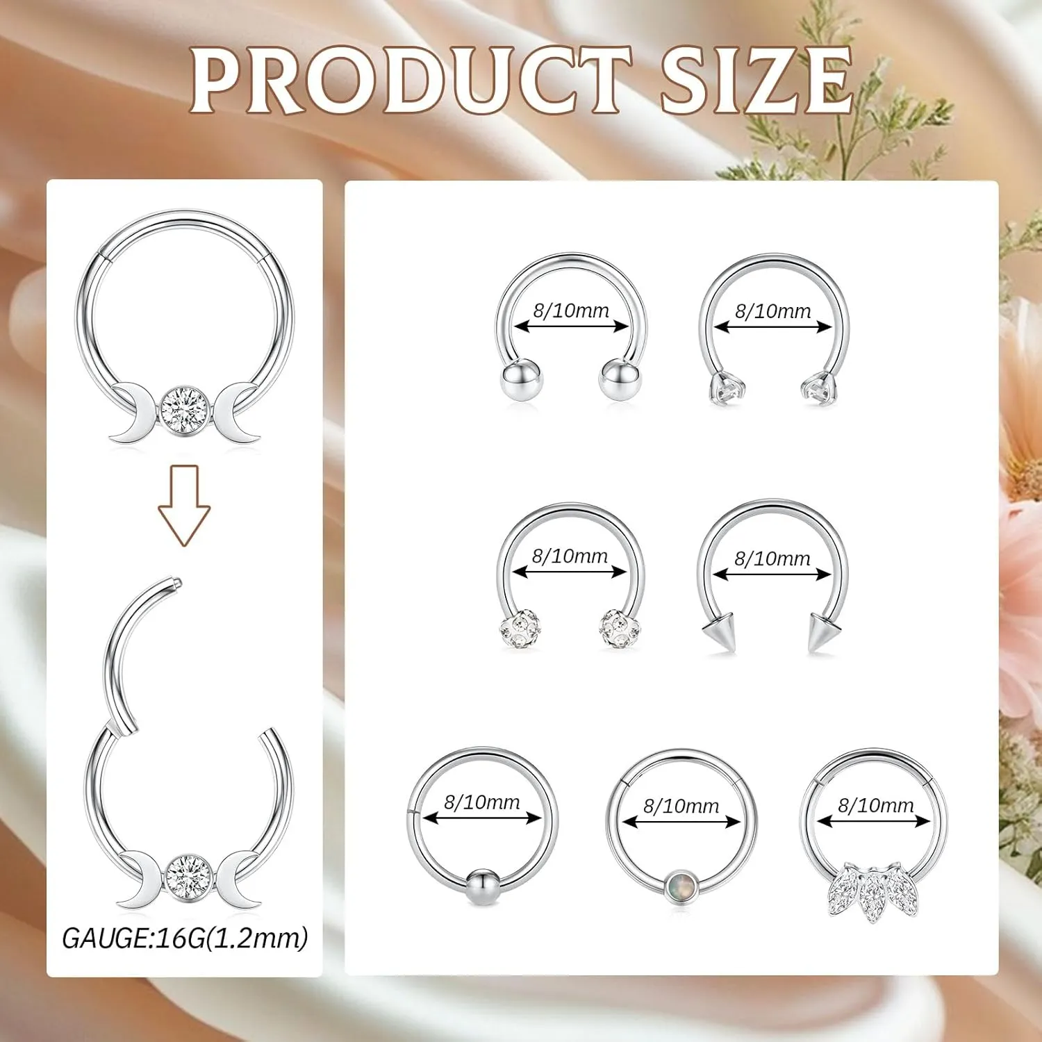 PEAKLINK 8PCS Horseshoe Septum Rings 16G Nose Hoop Rings Daith Earrings Surgical Steel Conch Cartilage Helix Hoop Earring Tragus Rook Lip Piercing Jewelry 8mm 10mm