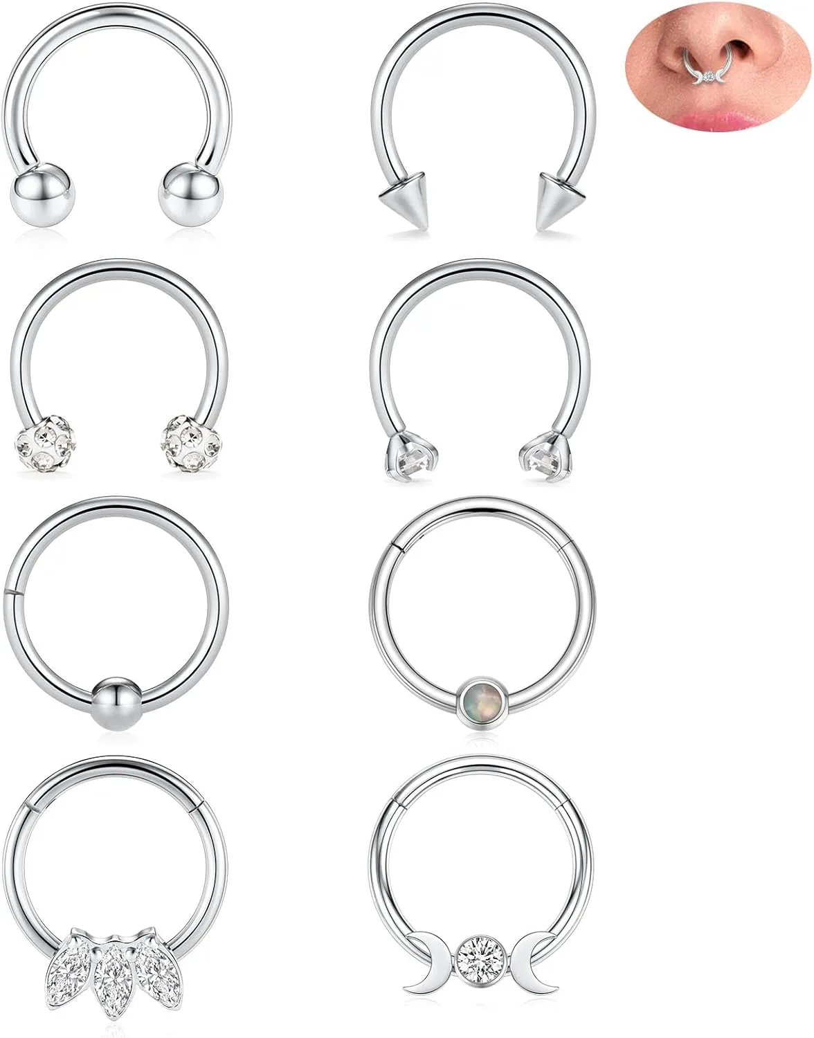 PEAKLINK 8PCS Horseshoe Septum Rings 16G Nose Hoop Rings Daith Earrings Surgical Steel Conch Cartilage Helix Hoop Earring Tragus Rook Lip Piercing Jewelry 8mm 10mm