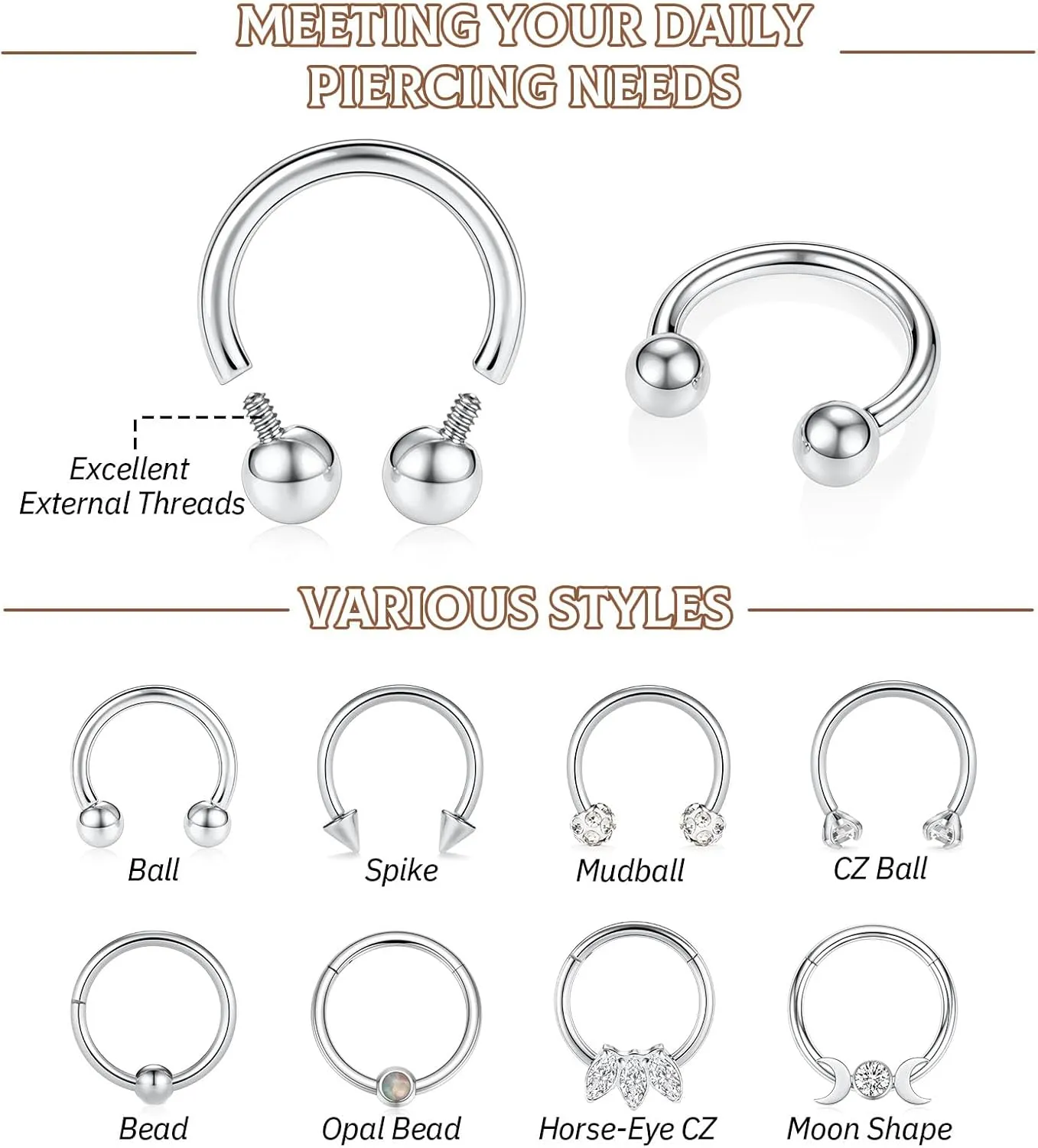 PEAKLINK 8PCS Horseshoe Septum Rings 16G Nose Hoop Rings Daith Earrings Surgical Steel Conch Cartilage Helix Hoop Earring Tragus Rook Lip Piercing Jewelry 8mm 10mm