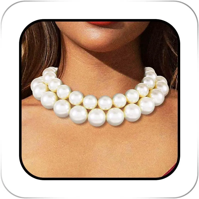 Pearl Choker Necklace White 1920s Layered Vintage Necklaces Short Chunky 2 pcs Neck Chain for Women